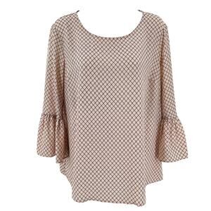 Elle Peach Honeycomb Plaid Lightweight Flare Bell Sleeve Career Blouse M